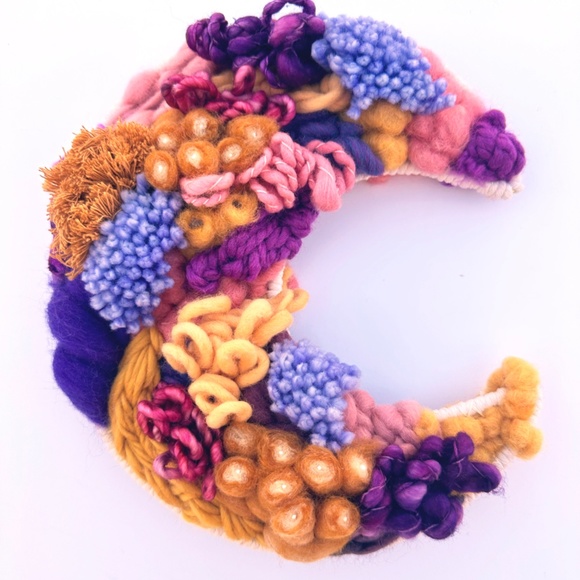 Handwoven Moon Wall Hanging Crescent Floral Moon Wall Art Golden Berry Purple - Picture 3 of 3